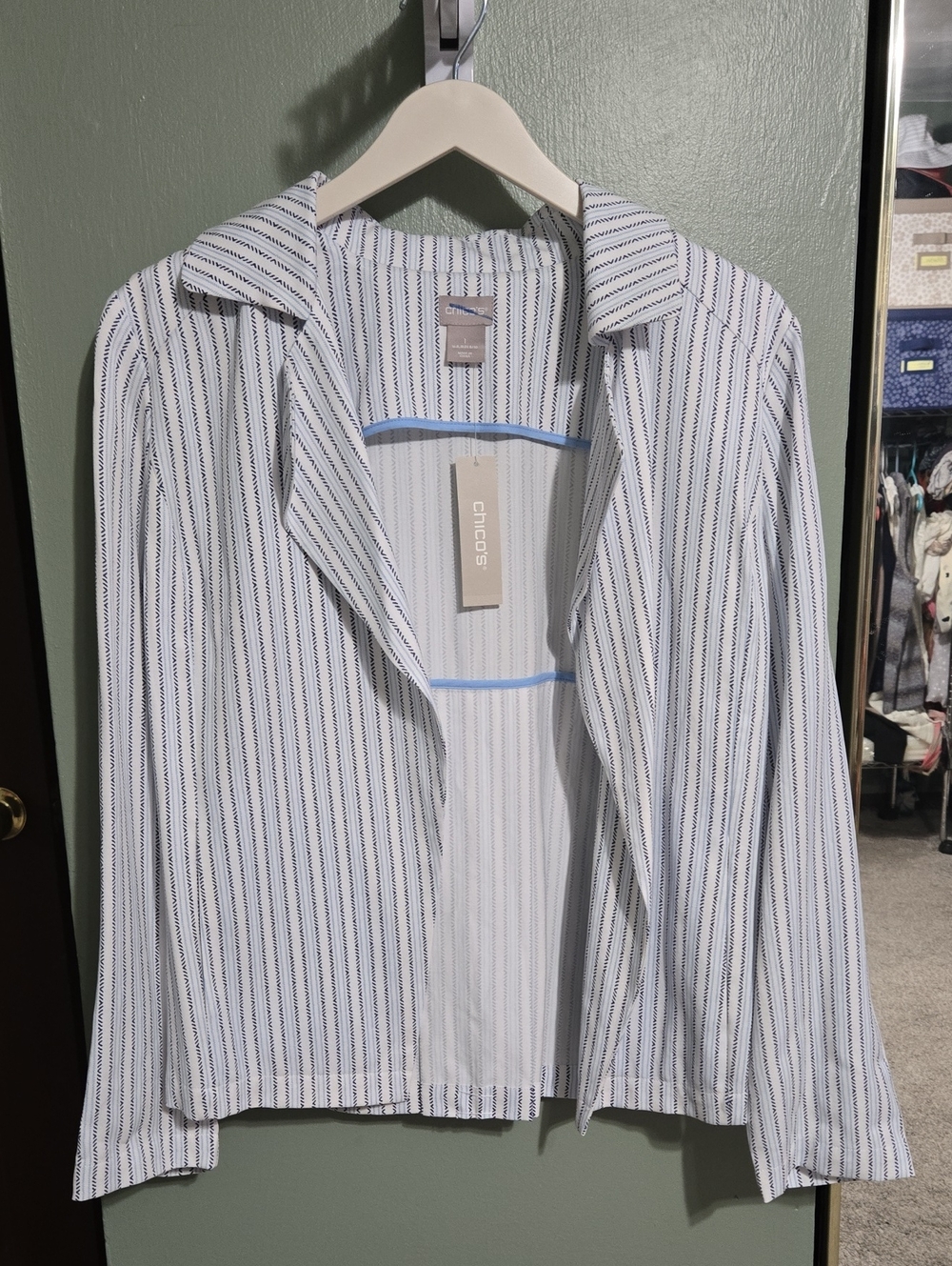 Chico's Blue and White Striped Casual Unlined Jacket